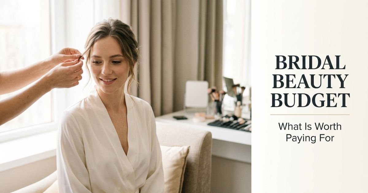 Bride during morning preparations with a bridal beauty budget headline overlay