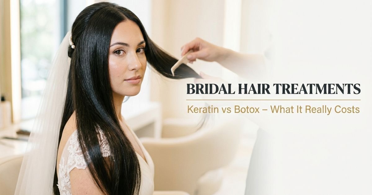Bride with smooth glossy hair illustrating bridal hair treatments including keratin and hair botox