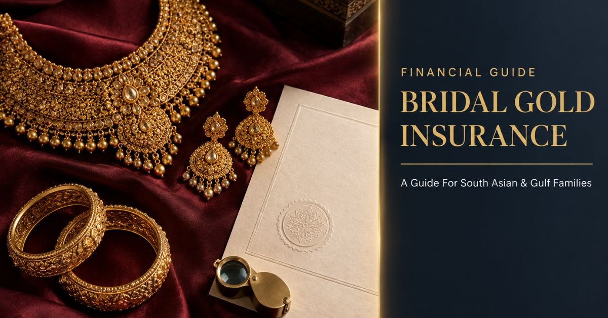 Bridal gold insurance guide featured image showing a gold bridal necklace, valuation document and jeweller's loupe