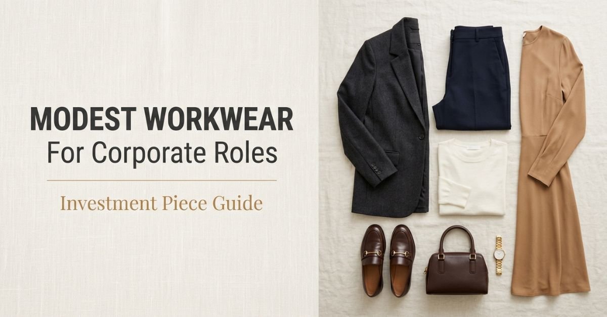 Modest workwear investment pieces flat-lay for corporate roles