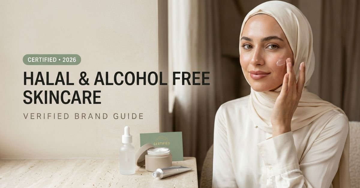 Halal and alcohol free skincare products arranged on a stone surface in natural light