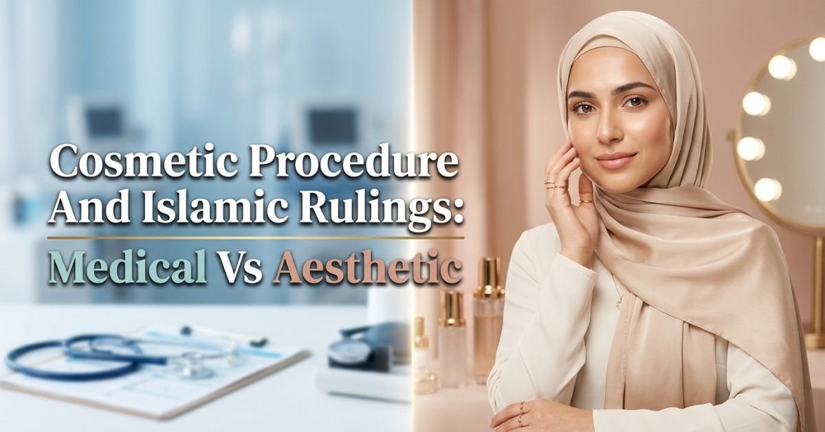 Medical and beauty items split in two halves showing cosmetic procedure and Islamic rulings