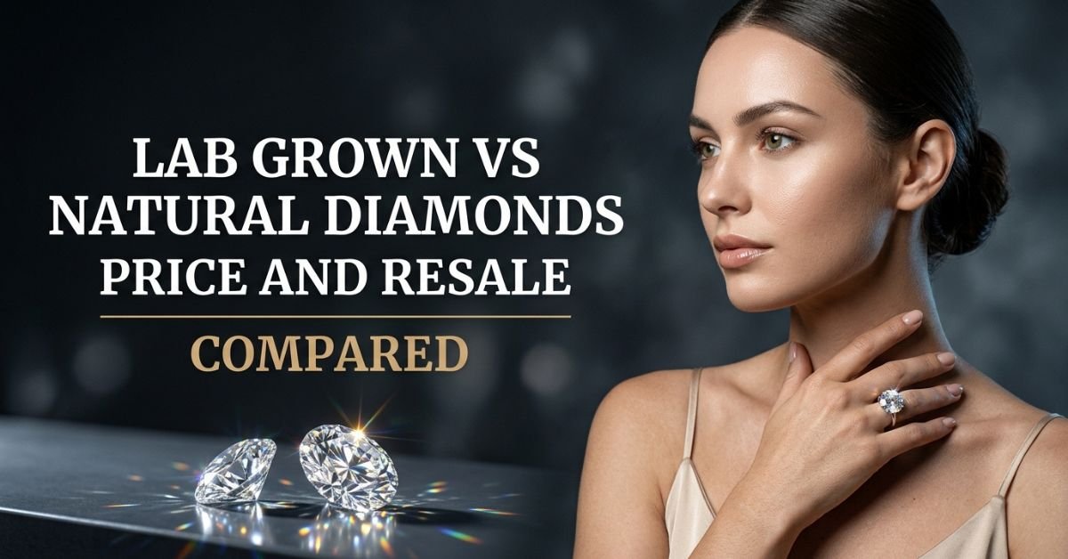 Model wearing a diamond solitaire ring beside the headline lab grown vs natural diamonds price and resale compared