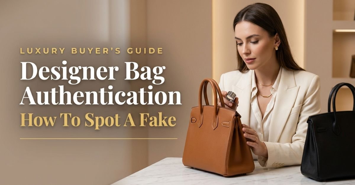designer bag authentication with a loupe checking handbag stitching