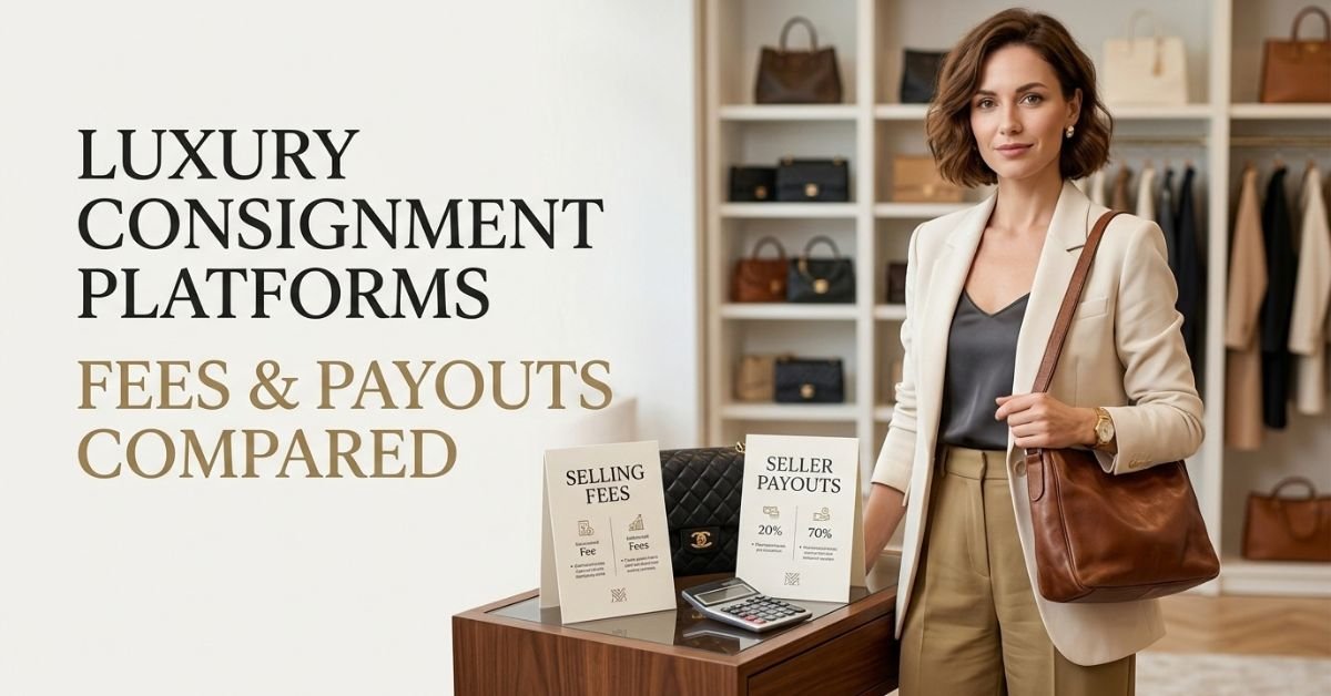 Create a realistic editorial photograph of a fictional adult female seller reviewing the payment timeline for an unbranded designer handbag. She sits beside a carefully packed handbag and looks at a clean paper timeline