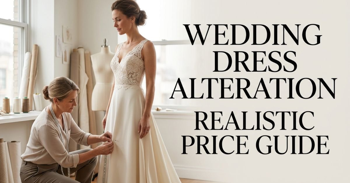 Seamstress checking the hem during a wedding dress fitting