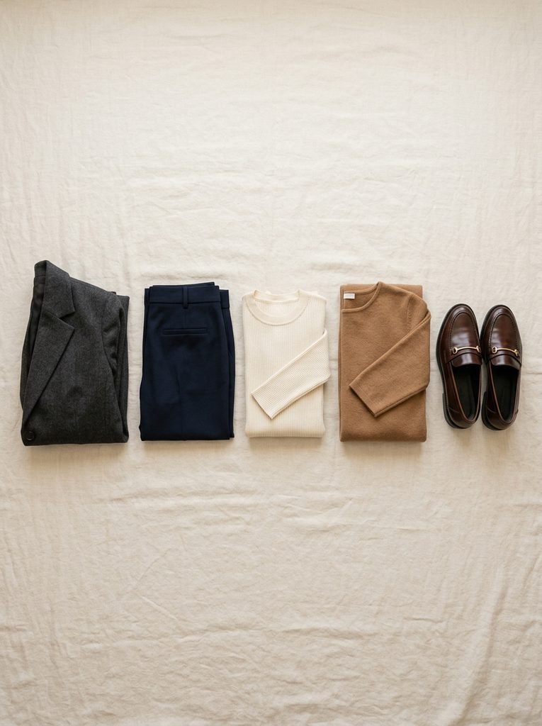 Modest Workwear For Corporate Roles: Investment Piece Guide 2 Workwear items neatly folded fla… 20260913074700