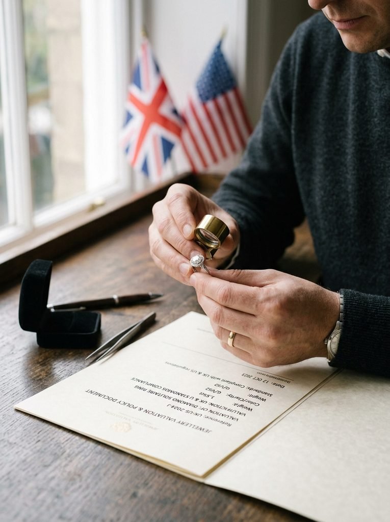 Jwellery Insurance UK vs USA: What Is Actually Covered 2 Jeweller examining diamond ring 20261003123230