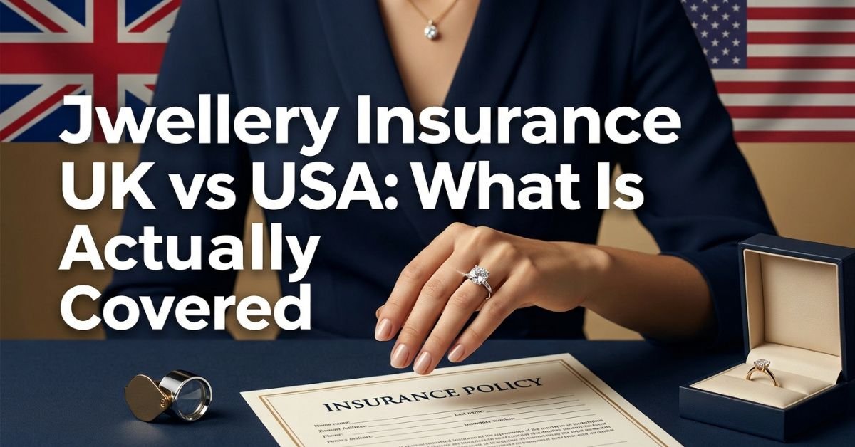 Jwellery Insurance UK vs USA comparison with ring and insurance documents.